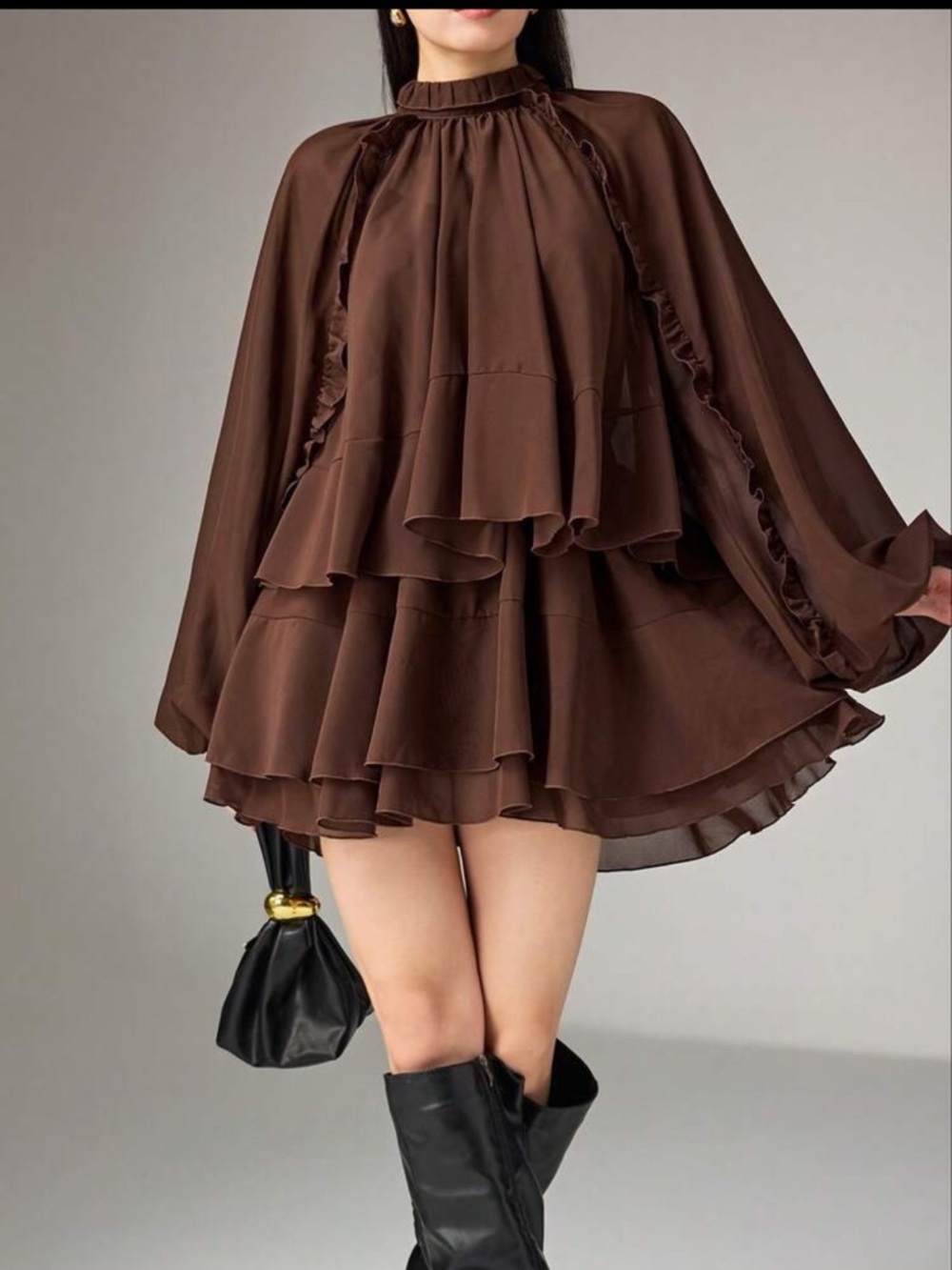SHEIN Brown Long Sleeve Tiered Ruffle Mini Dress